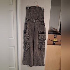 Gray Acid-Wash Cargo Jumpsuit with Belt